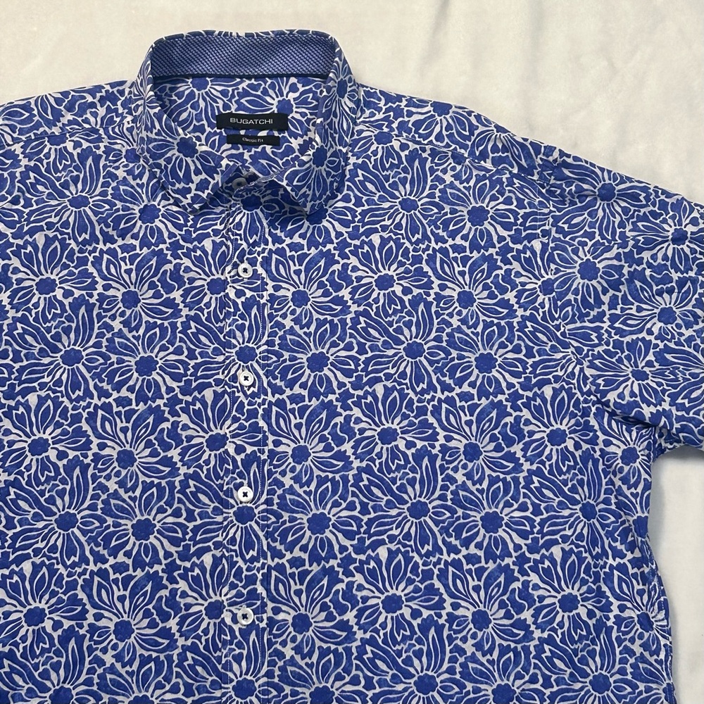Bugatchi shirt button down blue floral men’s XXL cotton short sleeve